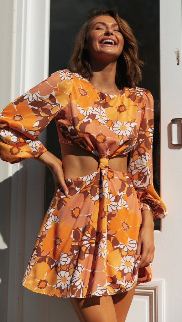 Women Printed Cropped Outfit Backless Lantern Sleeve Dress