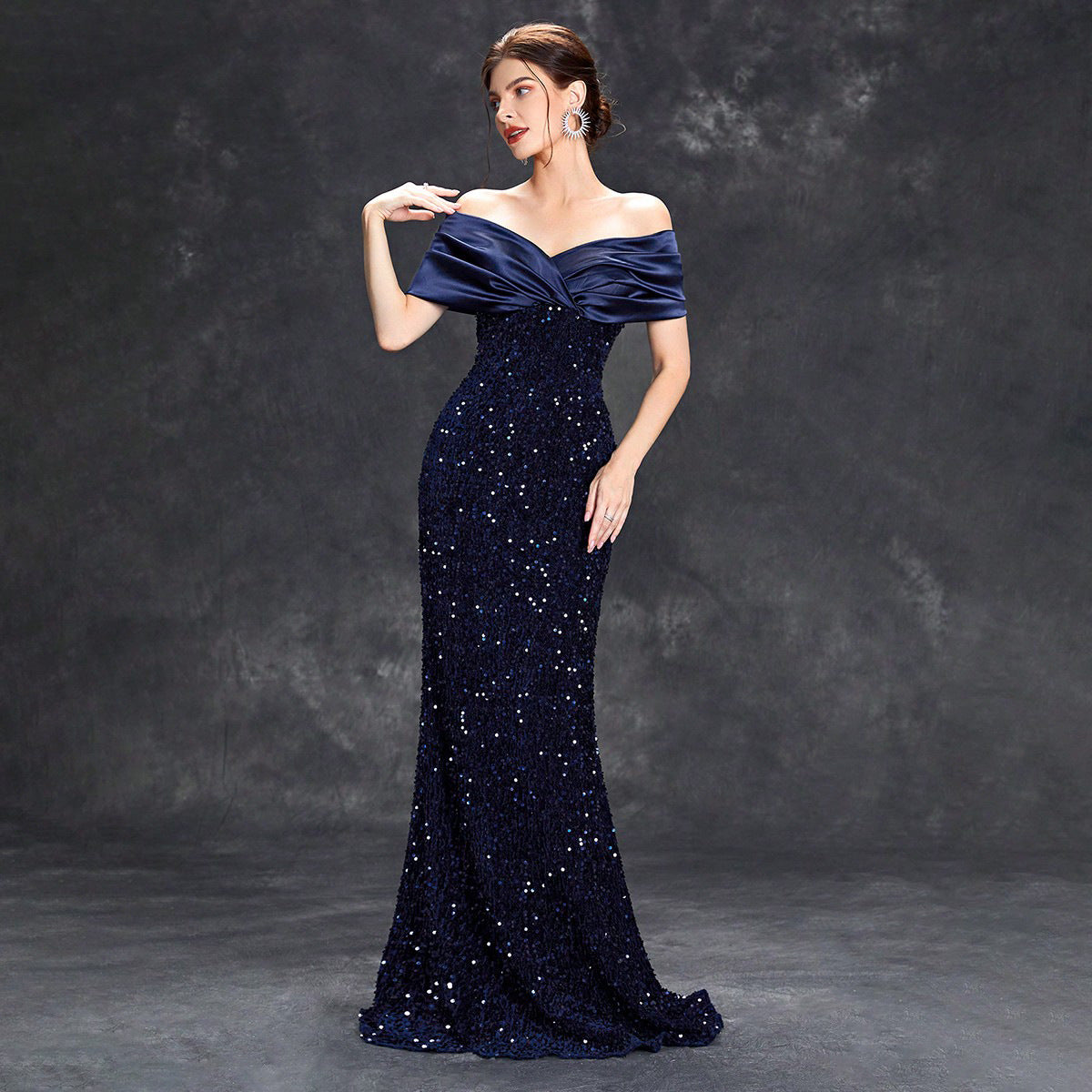 Off Shoulder Evening Dress Slim Fishtail Sexy Christmas Party Dress for Women Summer Blue