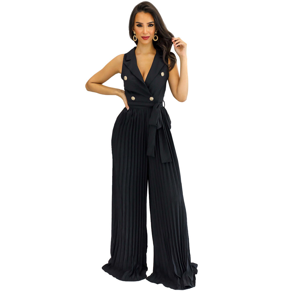 Spring Summer V neck Sleeveless Backless Elegant Street Pleated Wide Leg Jumpsuit Black