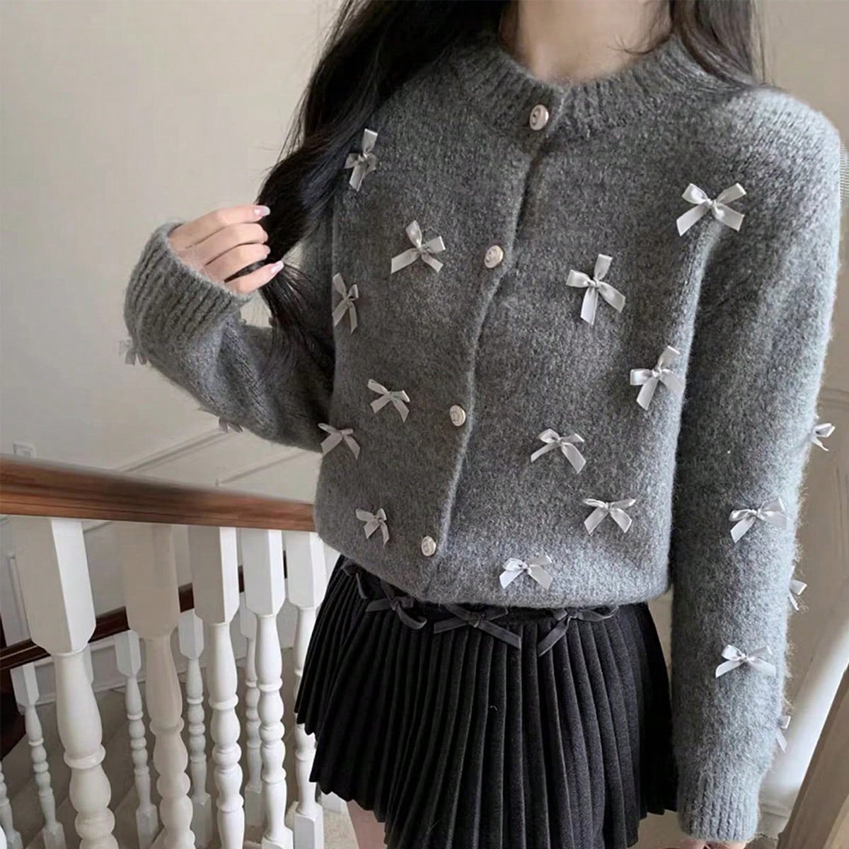 Three Dimensional Bow round Neck Buckle Knitted Cardigan Women Autumn Winter Warm Gentle Sweet Sweater Coat