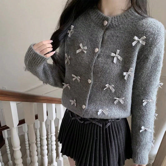 Three Dimensional Bow round Neck Buckle Knitted Cardigan Women Autumn Winter Warm Gentle Sweet Sweater Coat