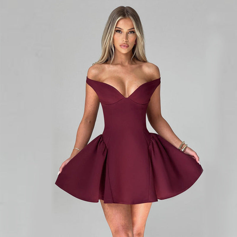 Women Clothing Autumn Sexy V neck Low Cut Sexy Backless Solid Color Slim Dress