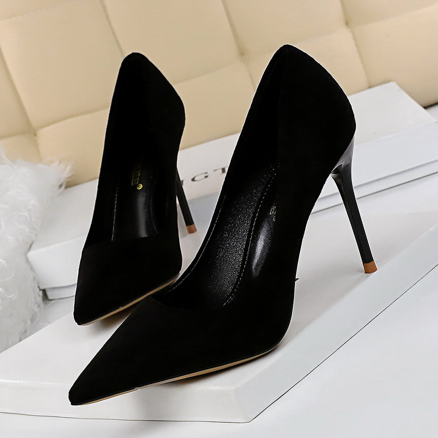 Fashionable Simple Stiletto Heel Suede Shallow Mouth Pointed High Heels Women Shoes Sexy Slimming Pumps Black