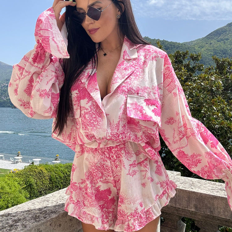 Summer Suit Chinese Printed Bell Sleeve Shirt Top Shorts Ruffled Two Piece Set