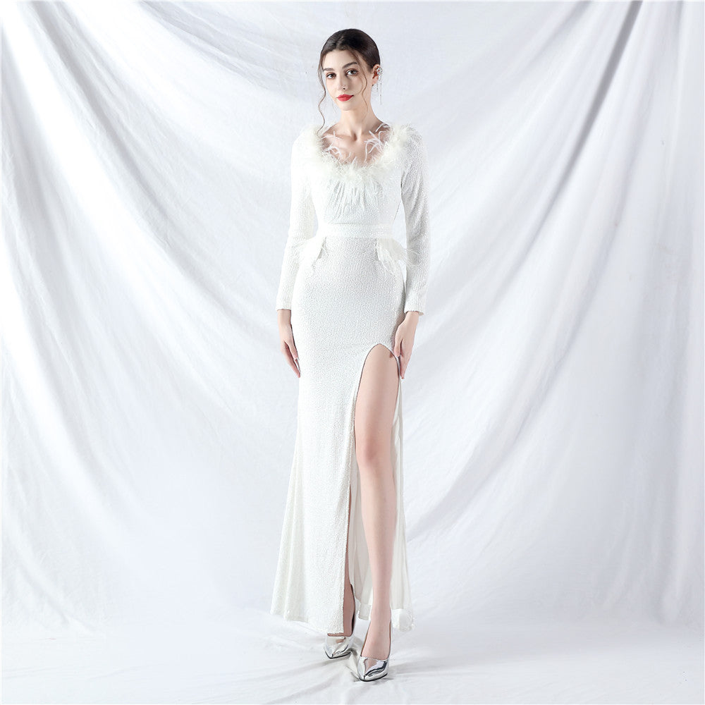 Craft Order Ostrich Feather Long Sleeve Sequin Evening Dress White