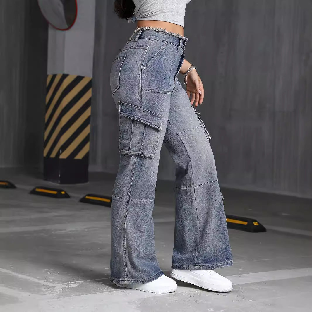 Retro High Street Multi Pocket Workwear Jeans Women Spring Summer Frayed Design Wide Trousers