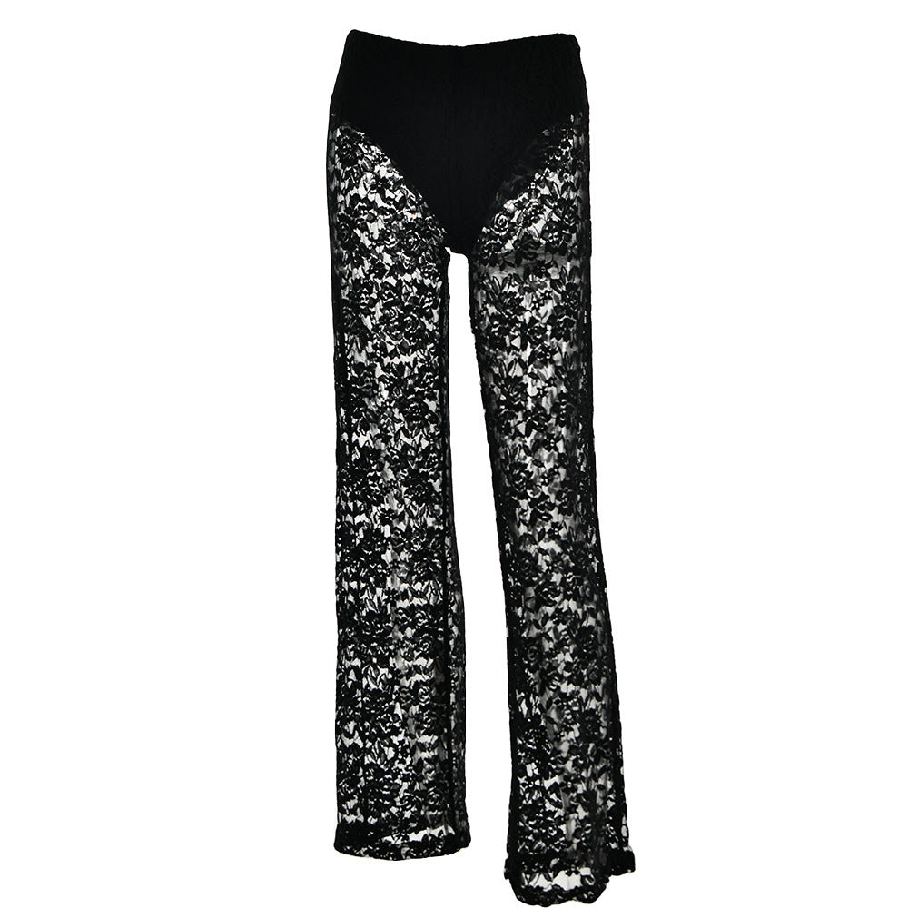 Summer Sexy All Matching Lace See through High Waist Stitching Long Straight Leg Pants Black