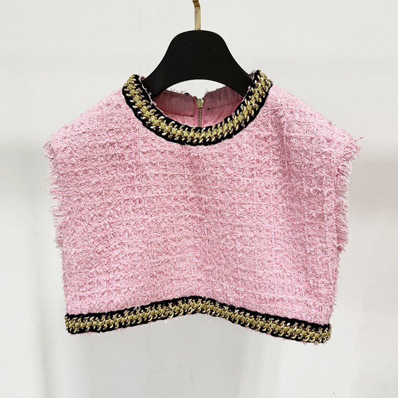 Autumn Winter Star Heavy Industry Chain Decoration Ultra Short Sleeveless Vest Top Pink