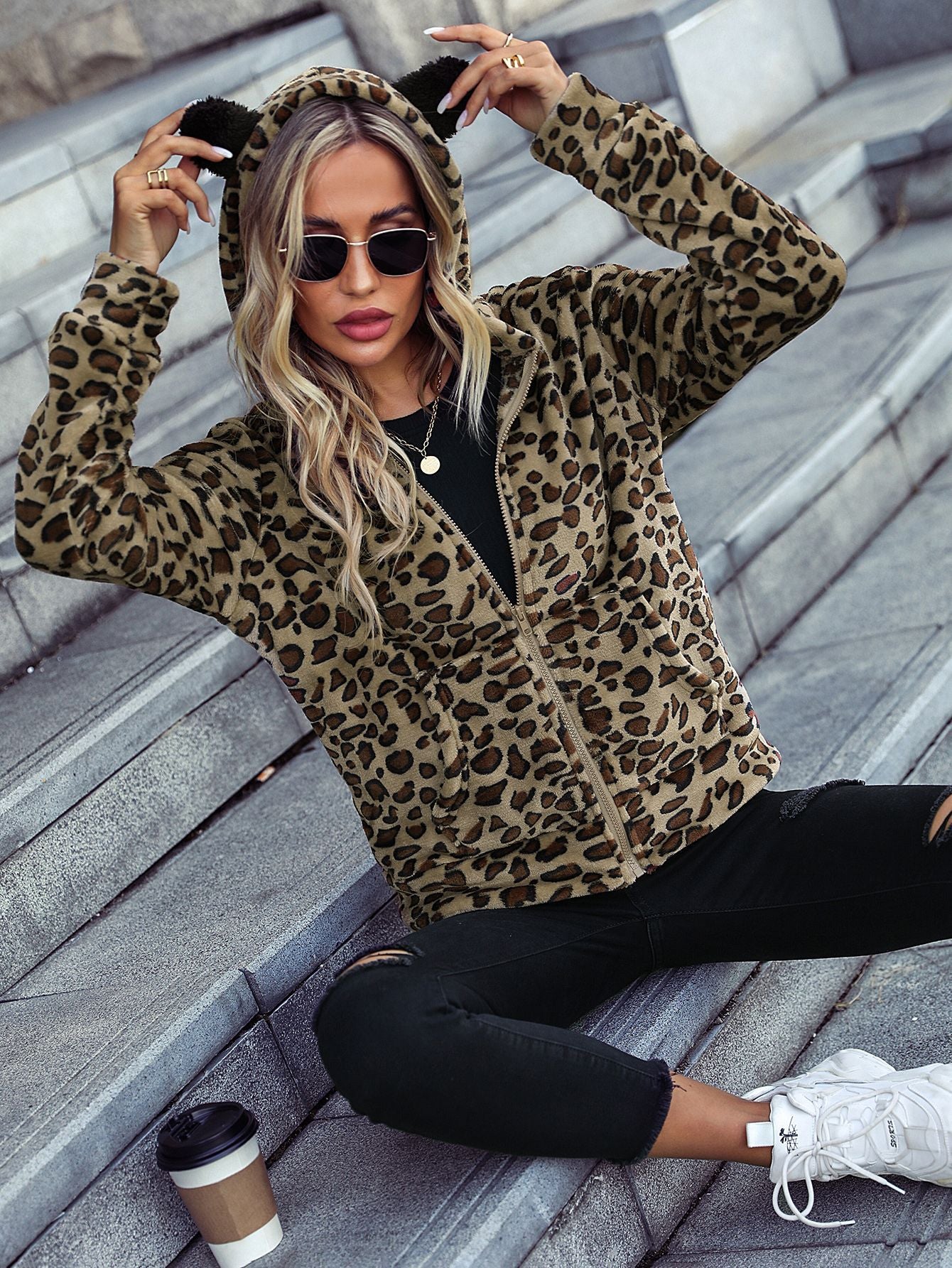 Autumn Winter Women Wear Hooded Long Sleeve Loose Zip Animal Pattern Flannel Casual Jacket Leopard Print on Dark Yellow Background