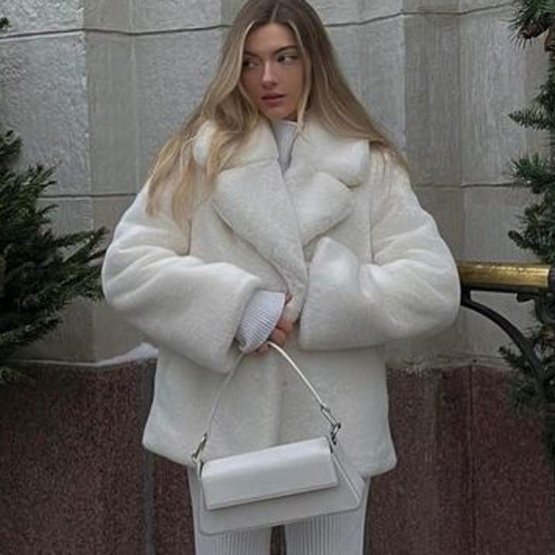 Autumn Winter Faux Fur Coat Women Mid Length Thickened Warm Rabbit Fur Leather Fur Coat Soft Fluffy Environmental Fur White