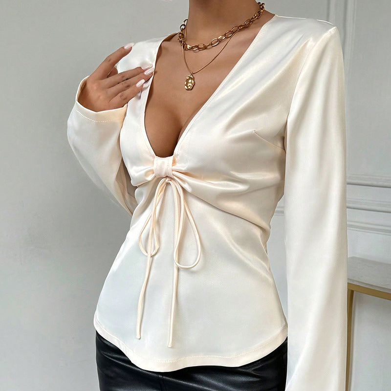 Sexy Top V neck Bow Tie Long Sleeve Women Shirt Arrival High Grade Shirt