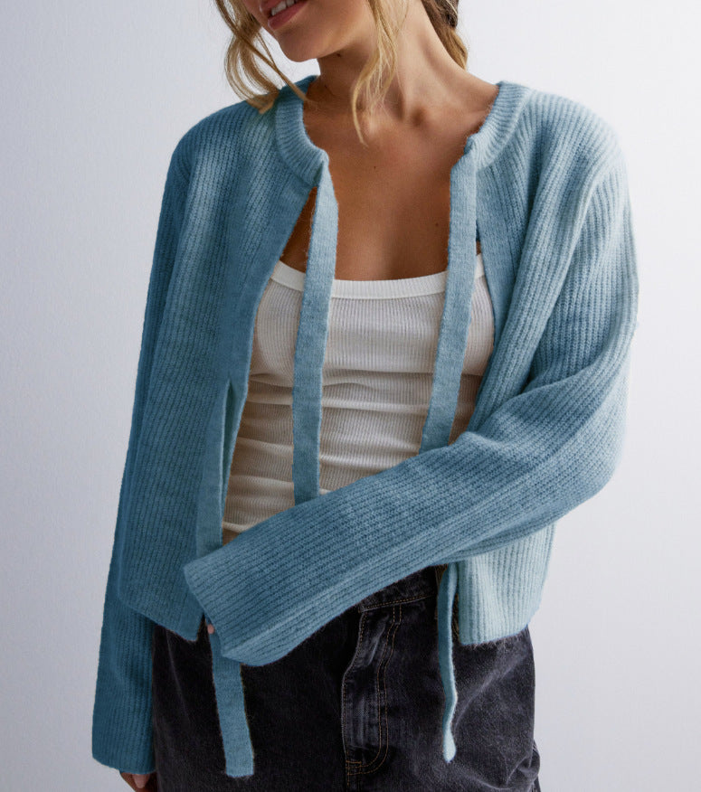 Autumn Winter Women Tops Solid Color Tied Cardigan Loose Sweater Light Blue