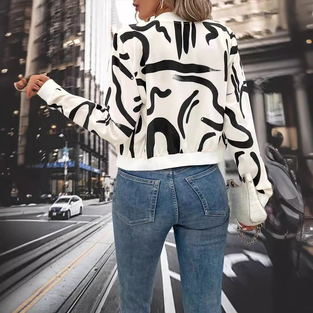 Autumn Winter Elegant Women Pattern Printed Zipper Varsity Jacket Casual Top Coat