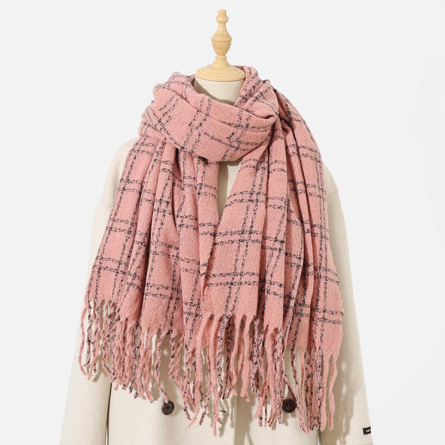 Women Color Matching Plaid Scarf Warm Thickened Winter All Matching Atmosphere Scarf One Size Pink