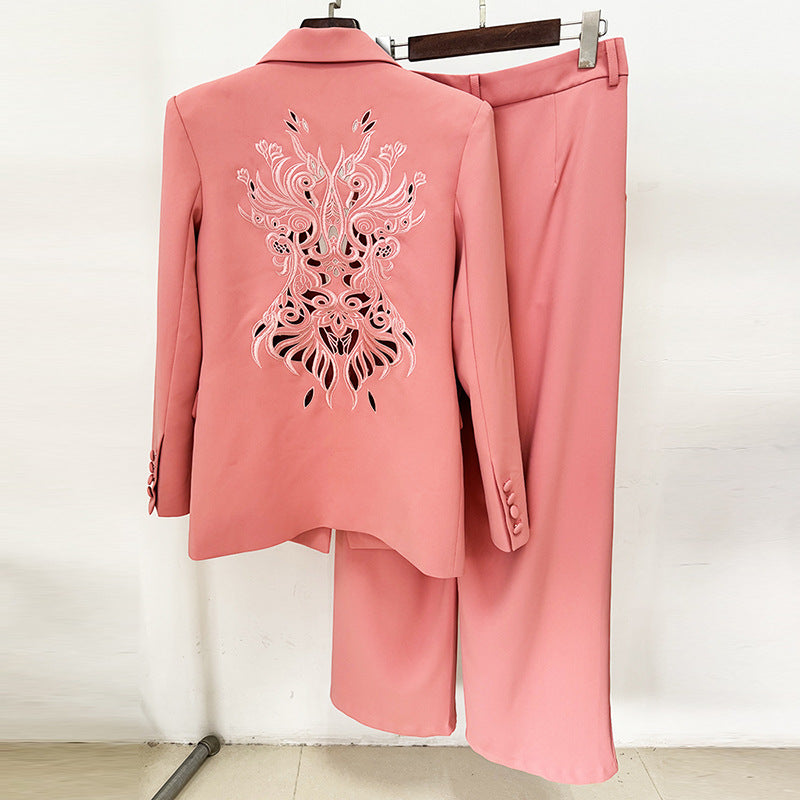 Spring Embroidery Hollow Out Cutout out Heavy Embroidery Blazer Straight Leg Trousers Set Rubber Powder