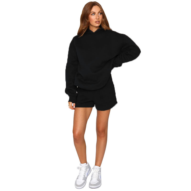 Autumn Winter Solid Color Hooded Pullover Long Sleeve Sweaters Women Clothing Shorts Suit Black