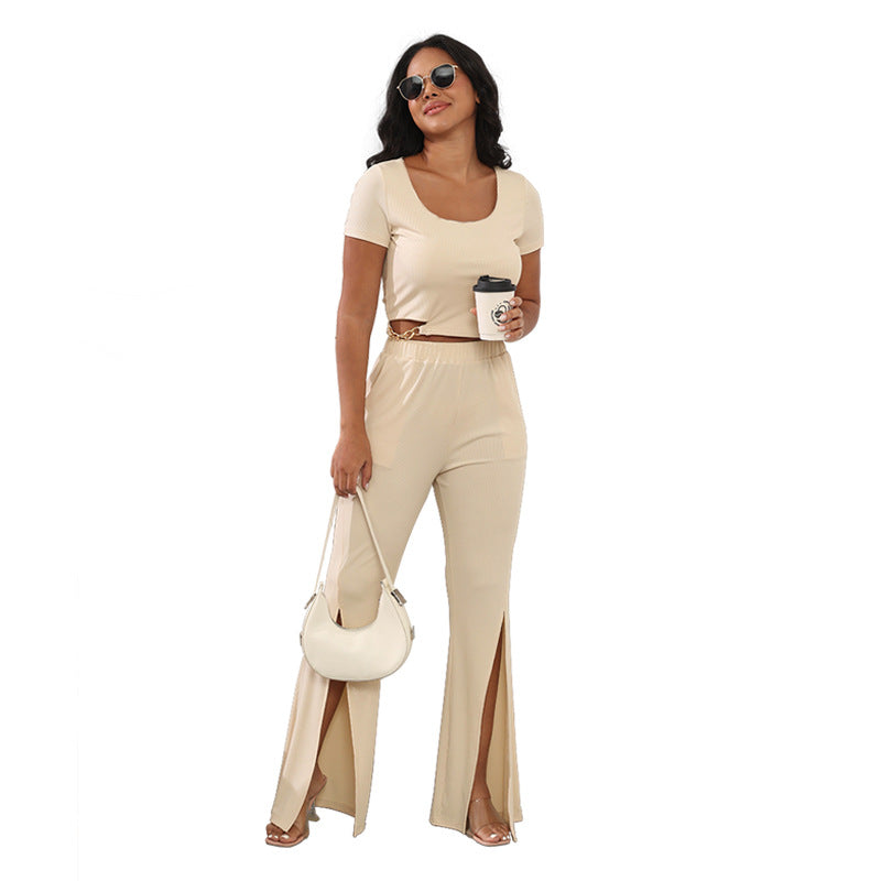 Spring Summer Solid Color Round Neck Short Sleeves Women Casual Split Blouse Pants Apricot