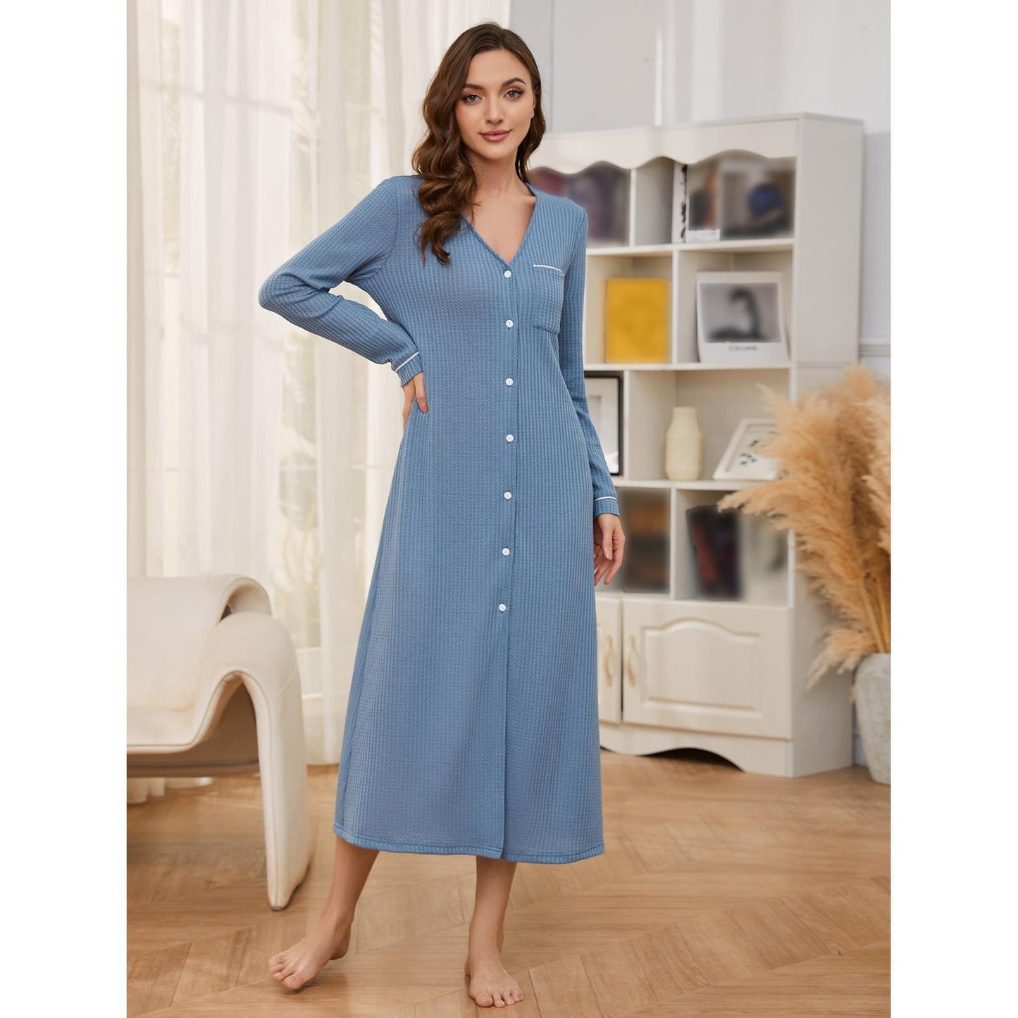 Long Sleeved Nightdress Women Autumn Winter Waffle Long Home Shirt Dress Can Be Worn outside