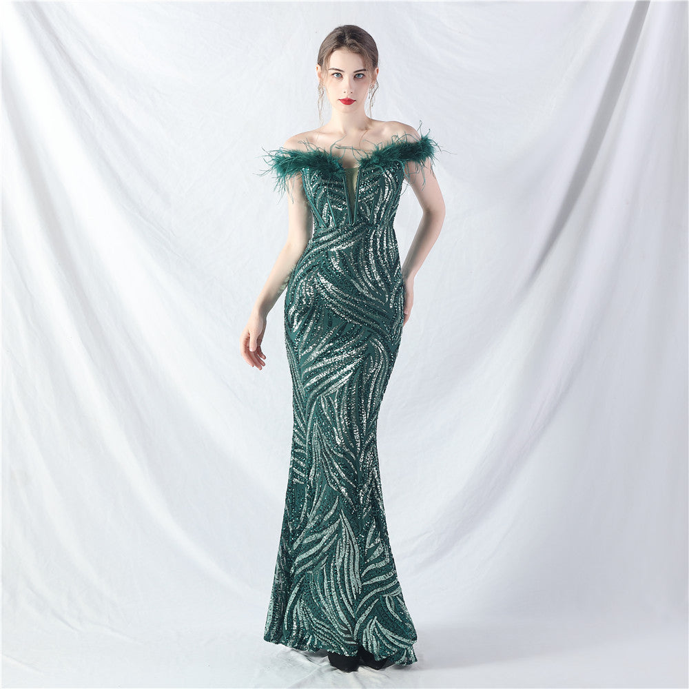 Court Boning Corset Waist Tight Vest Craft Order Ostrich Feather High End Sequined Evening Dress Green