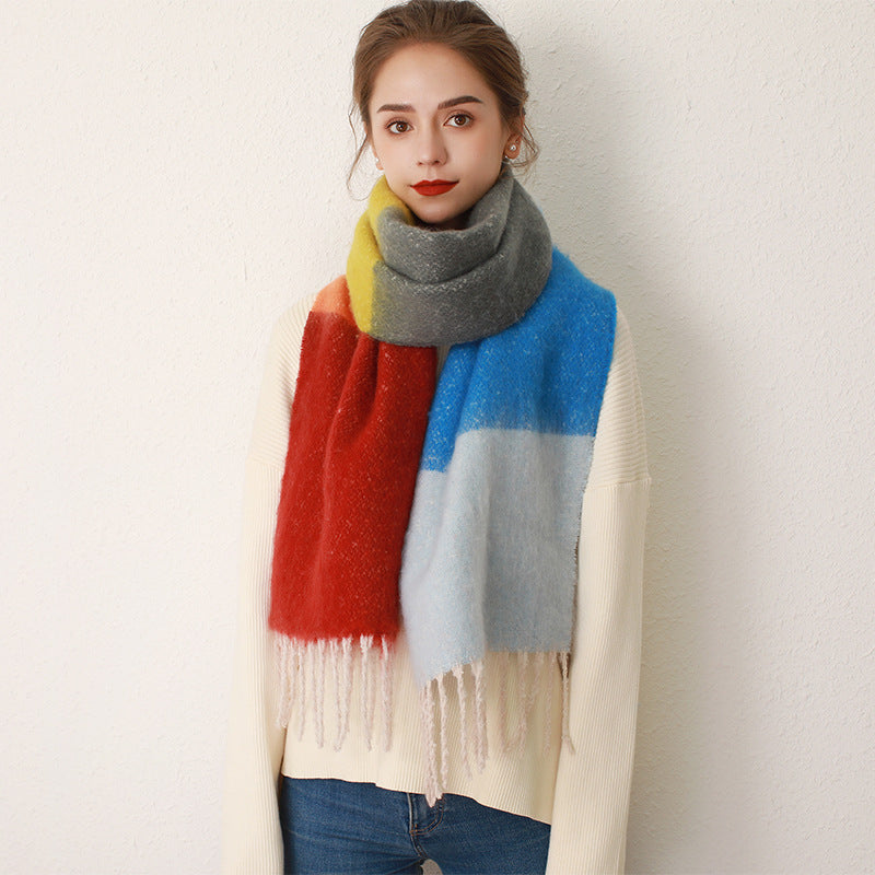 Contrast Color Striped Mohair Scarf Women Autumn Winter Cashmere like Thickened Tassel Scarf