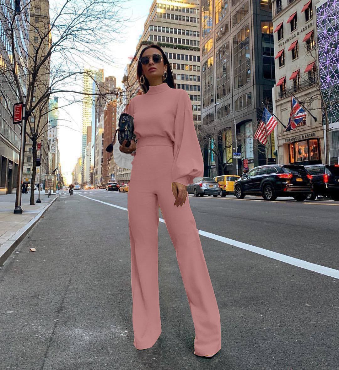 Half Turtleneck Lantern Sleeve Simple Capable Office Lady Jumpsuit Pink