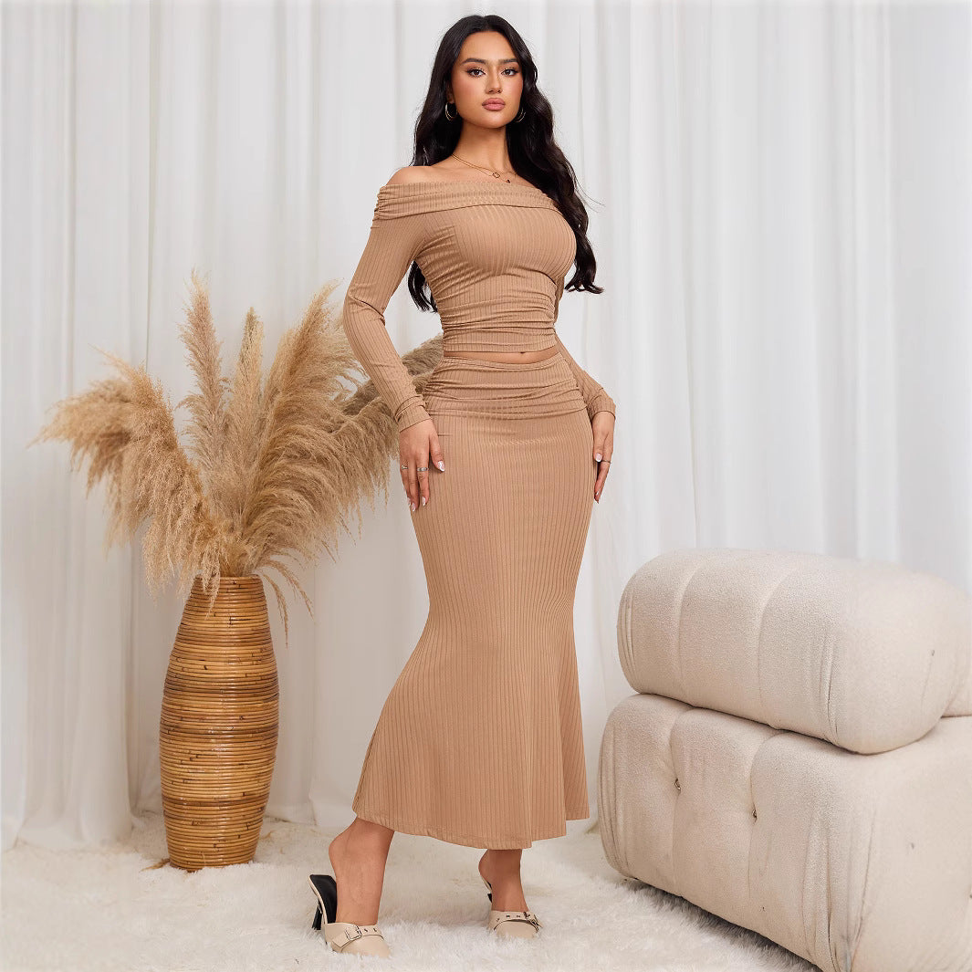 Women Clothing Cold Adult Lady like Woman Autumn Winter off Shoulder Top Sheath Two Piece Set