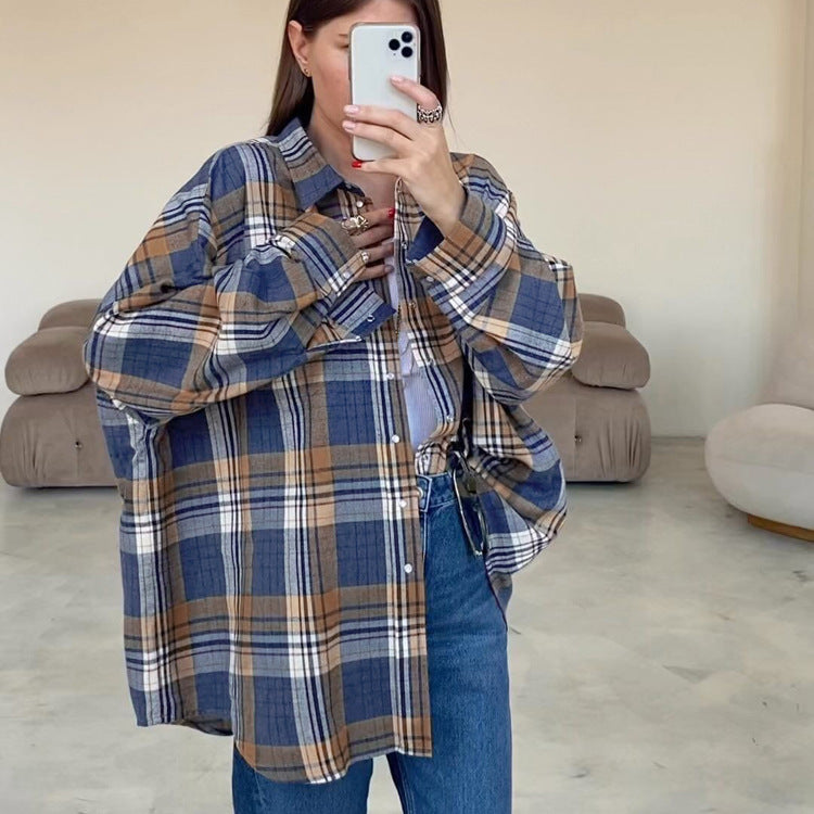 Women Wear Autumn Plaid Long Sleeved Shirt Women Casual All Matching Loose Plaid Shirt