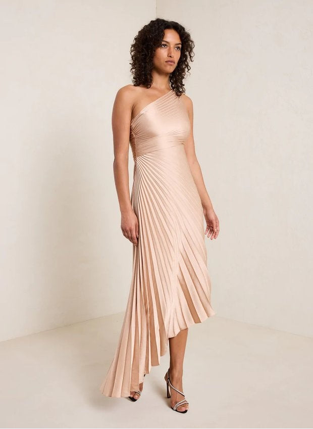 Women Clothing One Shoulder Sun Pleated Satin Dress Apricot