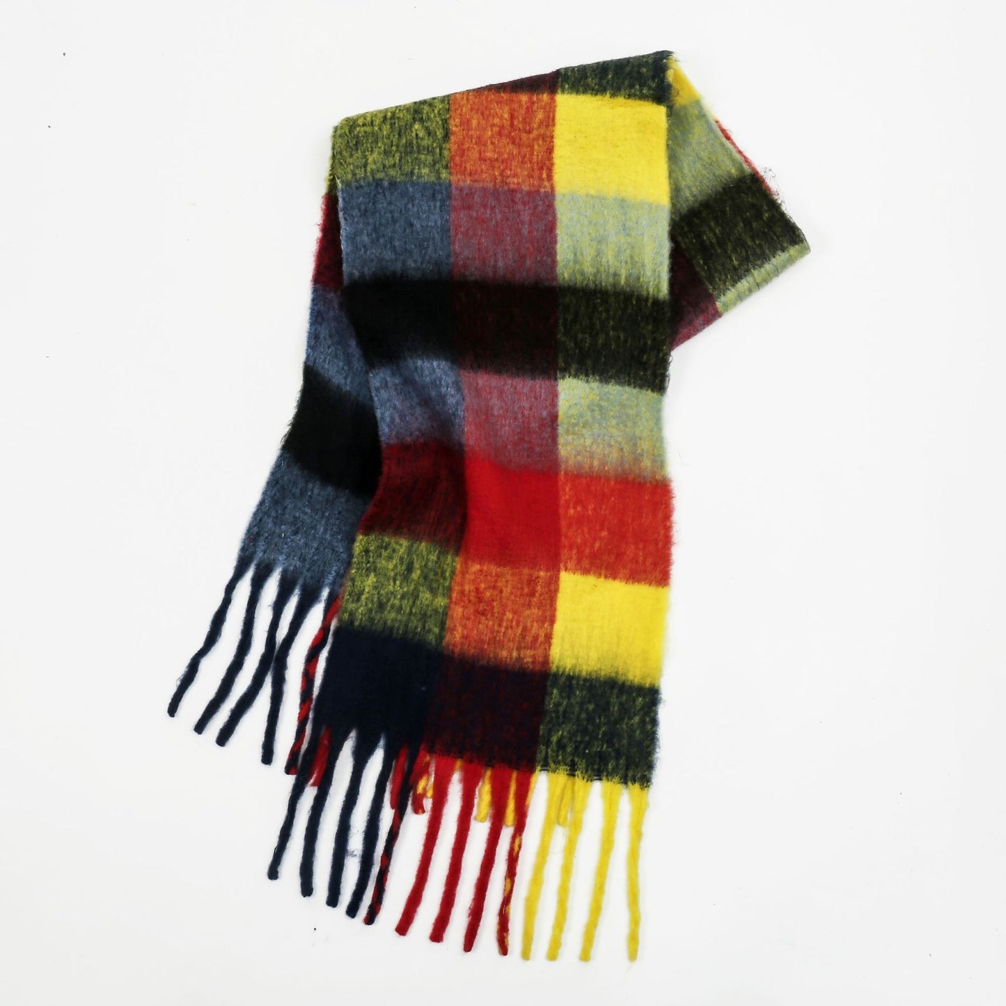 Women Color Matching Mohair Scarf Autumn Winter Warm Thickening Lattice Tassel One Size Navy blue and yellow grid