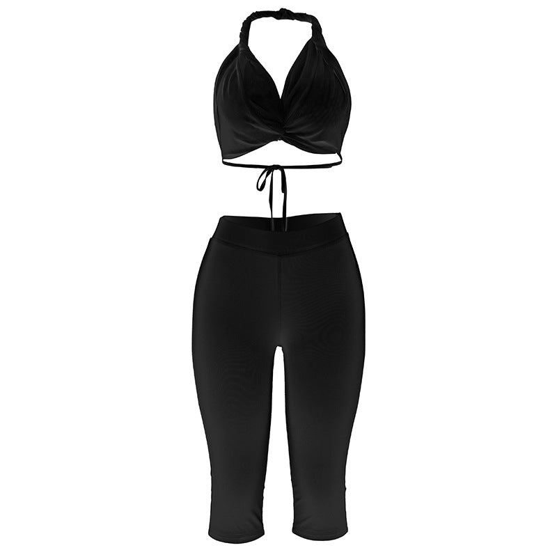 Fall Women Clothing Sexy Halter Bikini Backless Lace Up Cropped Pants Sexy Suit Black