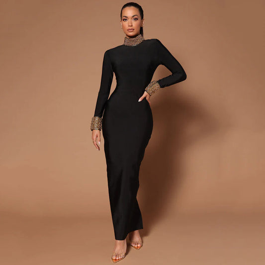 Diamond Bead Long Sleeve Bandage Dress Sexy Backless Party Cocktail Dress