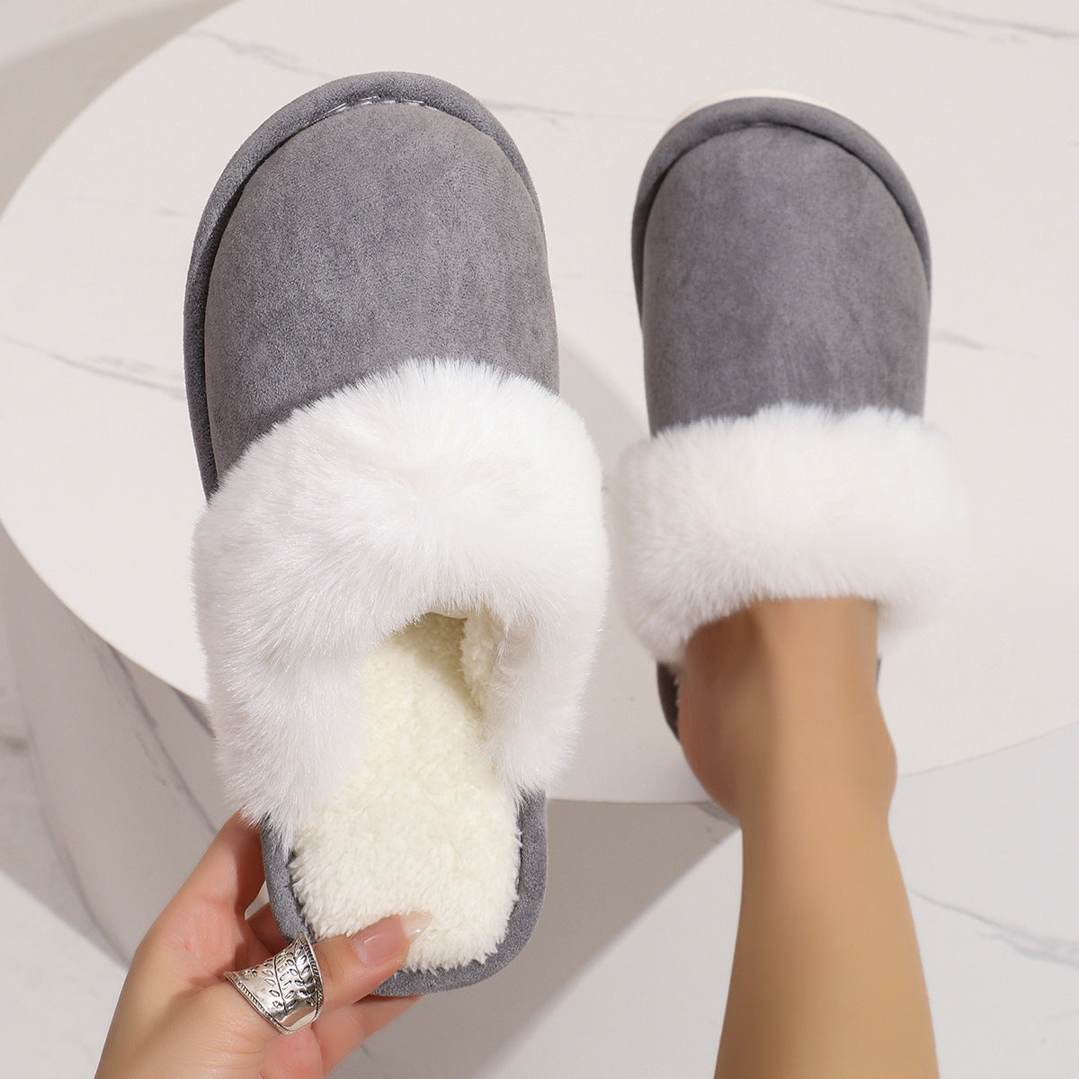 Fluffy Slippers Autumn Winter Warm Slugged Bottom Home Thickened Fleece Slippers Home Indoor Cotton Slippers Light Board Big Hair Mouth Gray