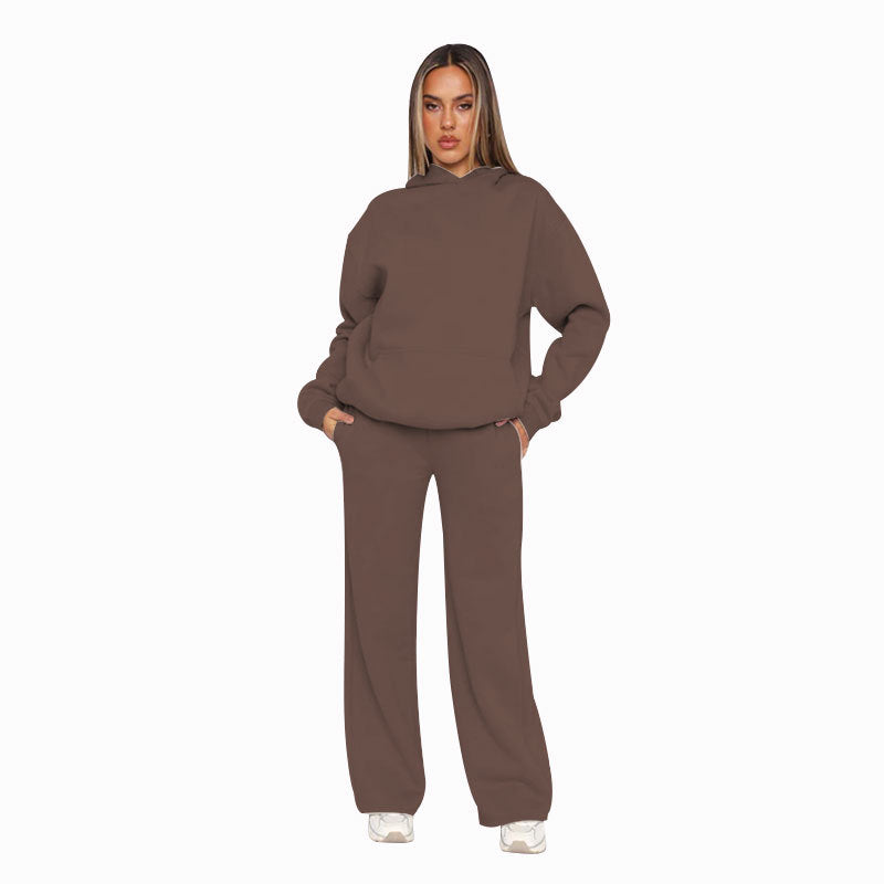 Autumn Winter Solid Color Long Sleeved Hooded Sweaters Women Clothing Casual Wide Leg Pants Sets Coffee