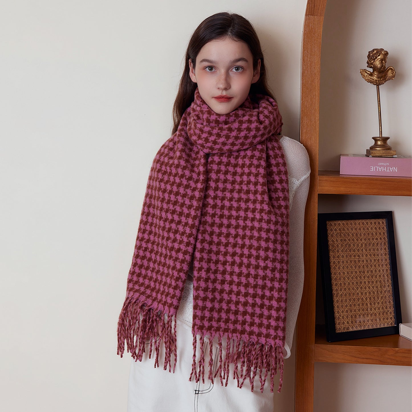 Women Cashmere Plaid Scarf Winter Thermal Long Houndstooth Tassel Shawl Scarf One Size Rose Pink Crazy Bird