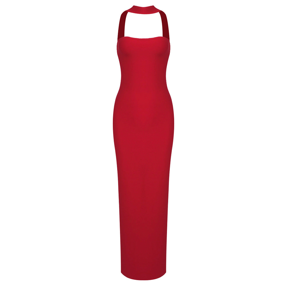 Summer Women Clothing Side Slit Bandage Elastic Long Tube Top Tight Halter Dress Red