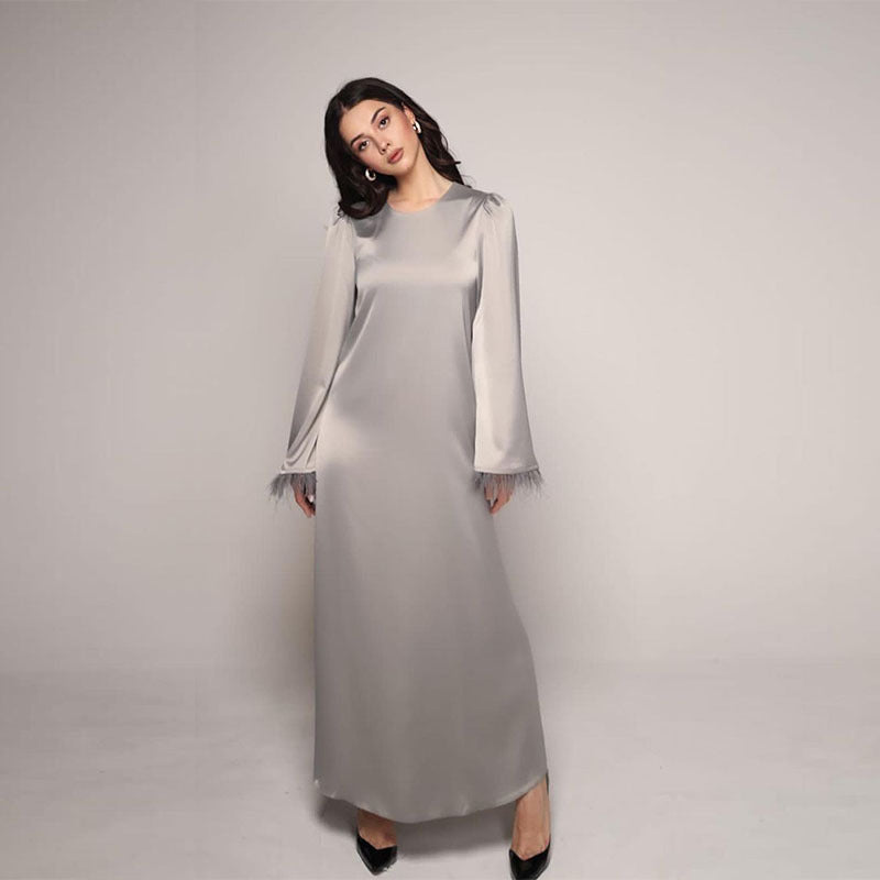 Satin Elegant round Neck Stitching Feather Cuff Lace up Maxi Dress Gray