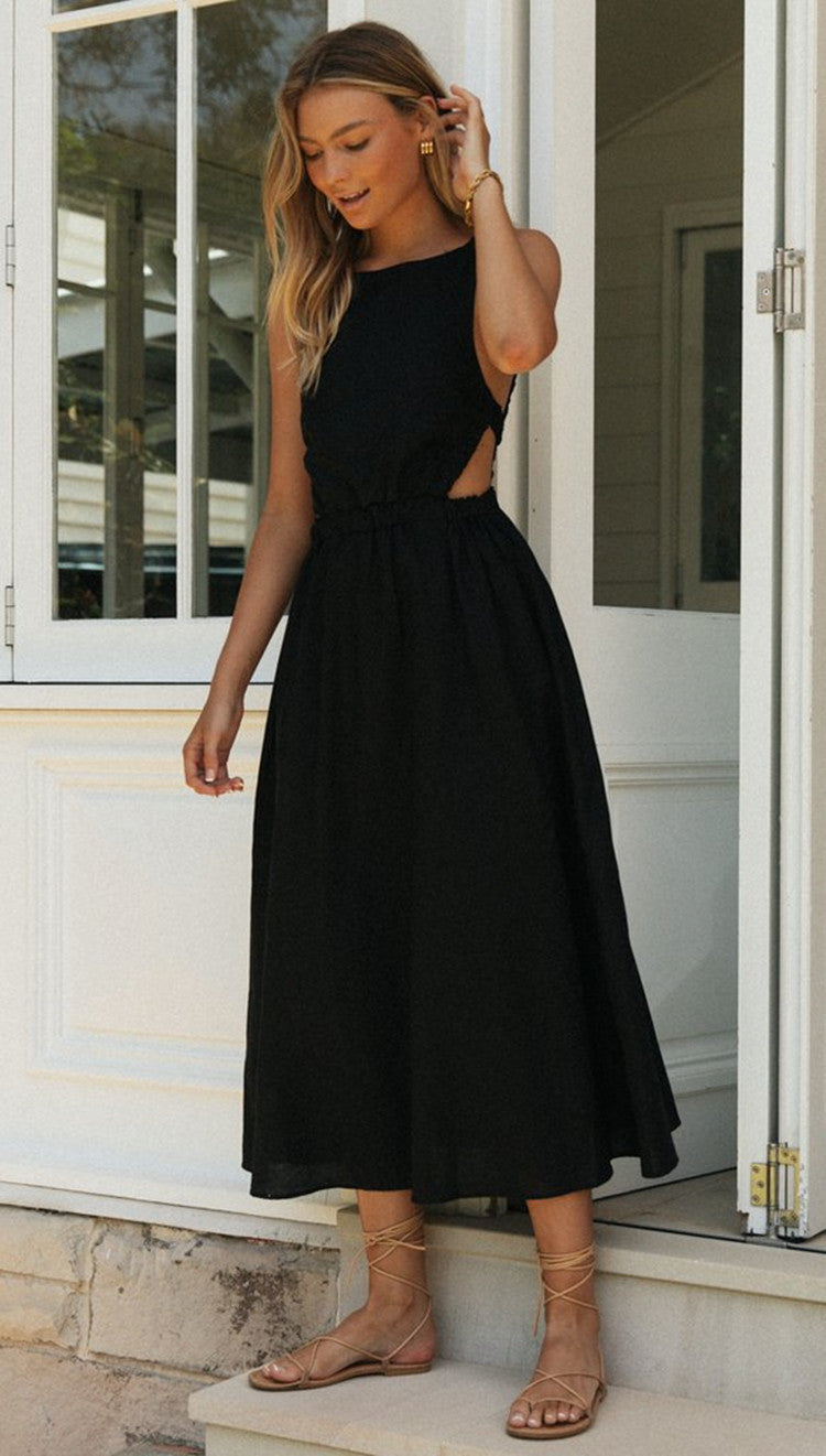 Women Solid Color Sleeveless round Neck Sexy Backless Maxi Dress Large Swing Dress Black