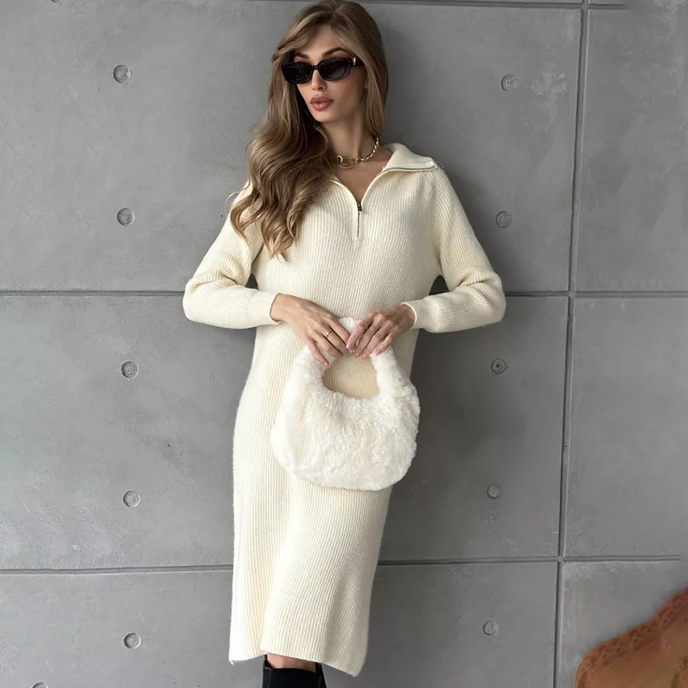 Turtleneck Half Zipper Woolen Dress Women Autumn Winter Loose Inner Wear Base Knitting Dress