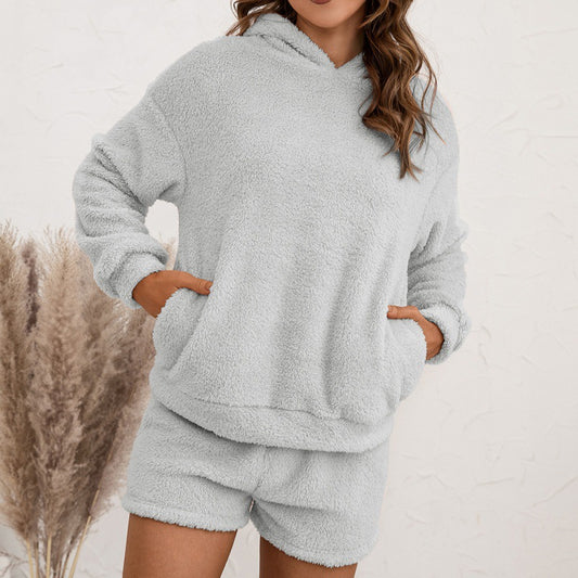 Plush Hooded Sweater Set Casual Homewear Double-Sided Plush Two-Piece pajama Set Women