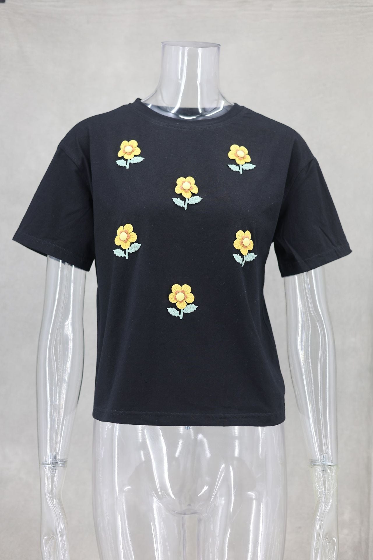 Three Dimensional Floral round Neck Women T shirt Spring Summer Shoulder Width Loose Design Niche Top Black Background with Yellow Print