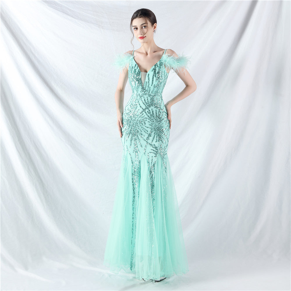 Color Craft Order Ostrich Feather Mesh Sequin Sexy Sling Dress Evening Dress Mint