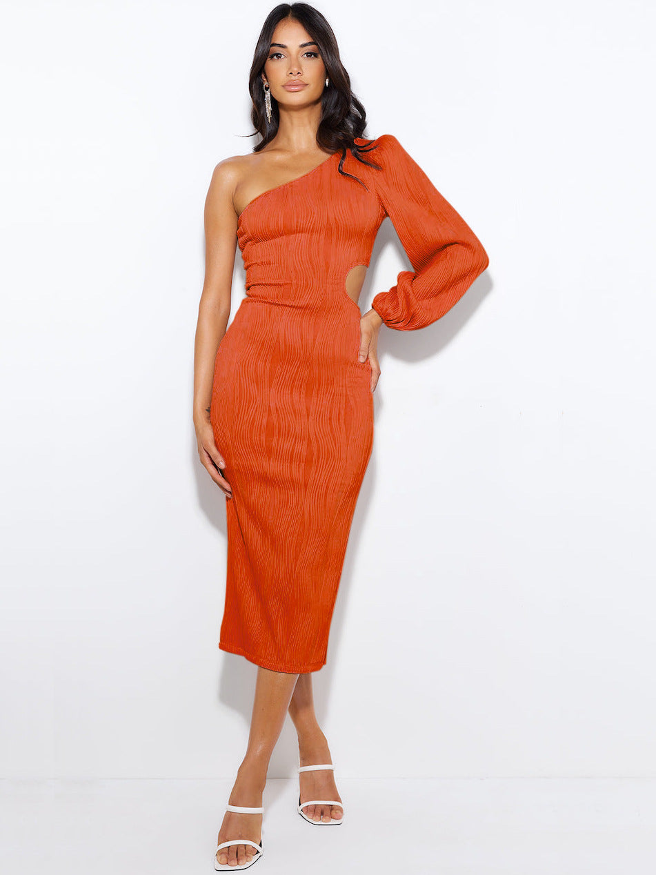 Package Hip Women Clothing Dress Oblique Shoulder Long Sleeve One Step Sexy Cutout Evening Dress Orange