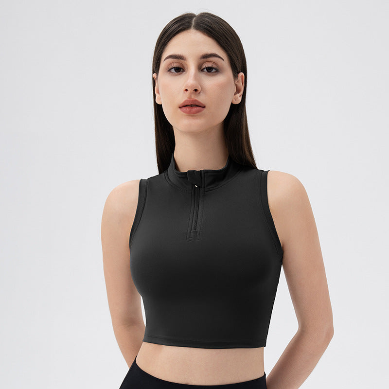 Sleeveless Stand Collar Slimming Yoga Clothes Vest Front Zipper Skinny Exercise Top with Chest Pad Running Workout Vest Women Black