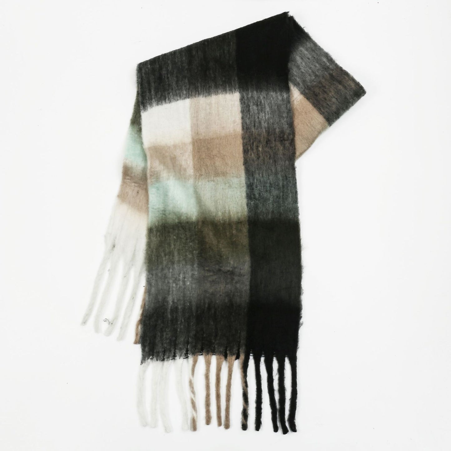 Women Color Matching Mohair Scarf Autumn Winter Warm Thickening Lattice Tassel One Size Dark green checks