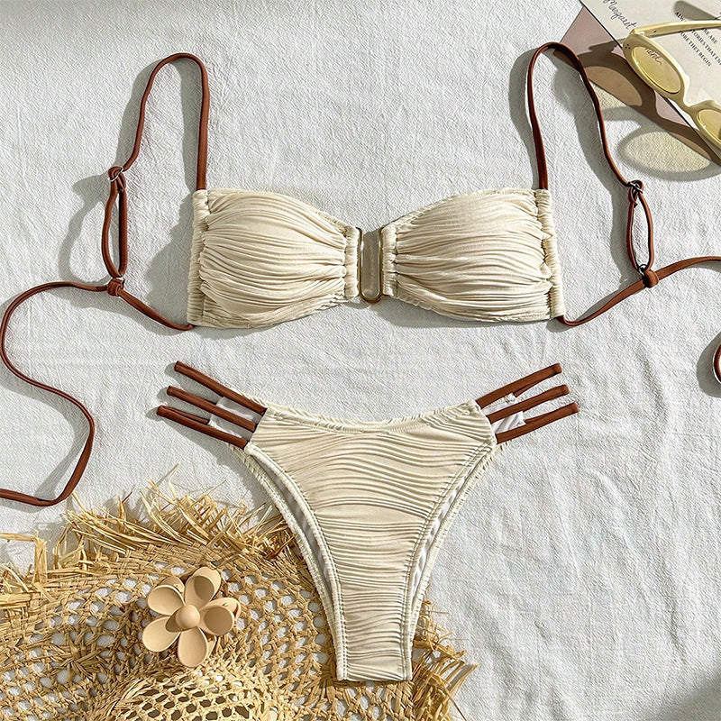 Color Matching Sexy Lacing Bikini Swimsuit Women Three Point Beach Spring Swimsuit Khaki