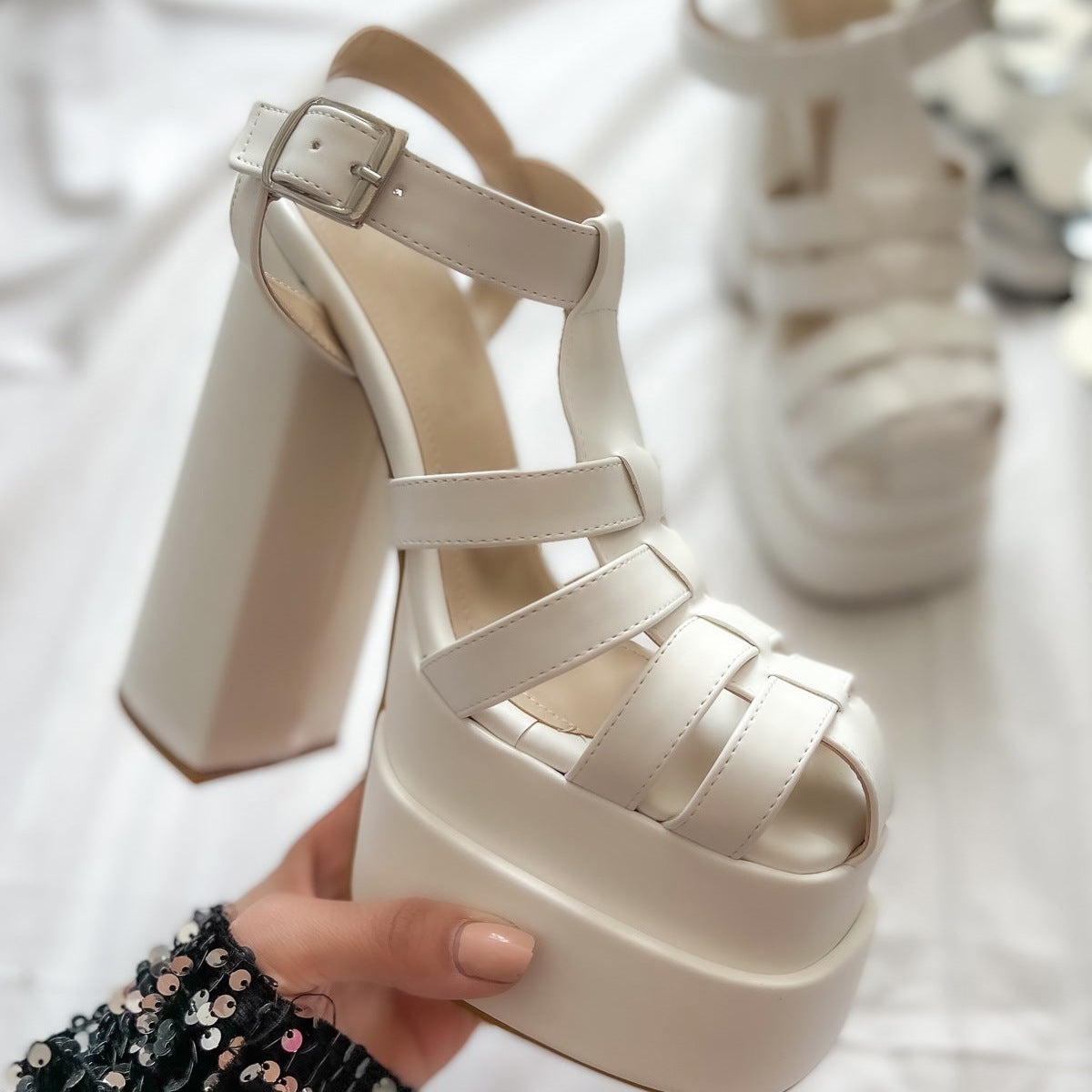 Thick High Heel 14.5cm Black White Purple Sandals Buckle Waterproof Platform Word Platform Women Shoes White