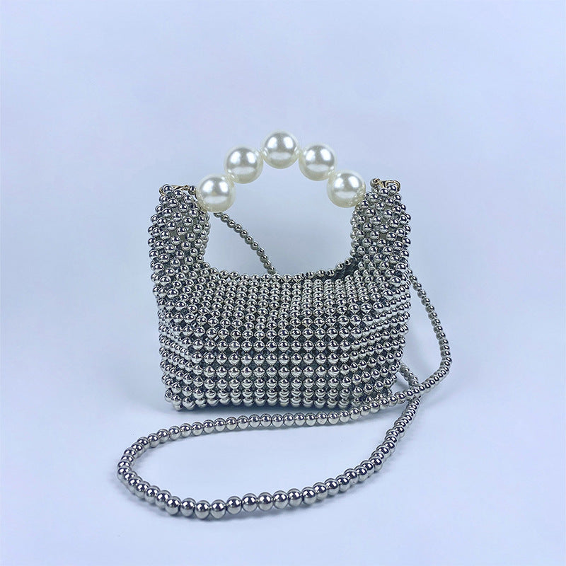 Popular Hand Woven Large Pearl Tote Shoulder Bag Socialite High Grade Dinner Bag One Size Silver