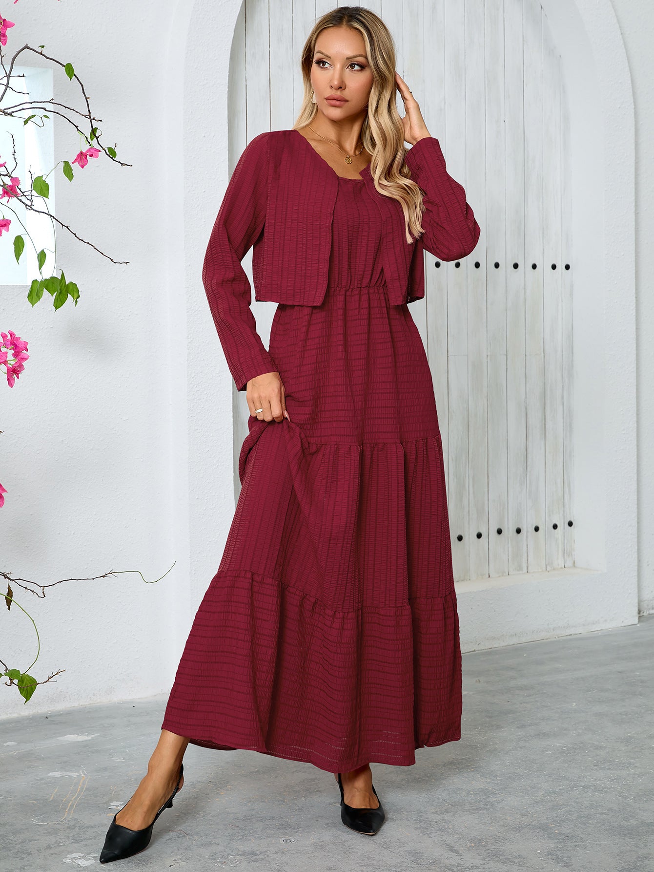 Round Neck Long Sleeve Top Loose Dress Suit Women Autumn Middle East Two Piece Set Red