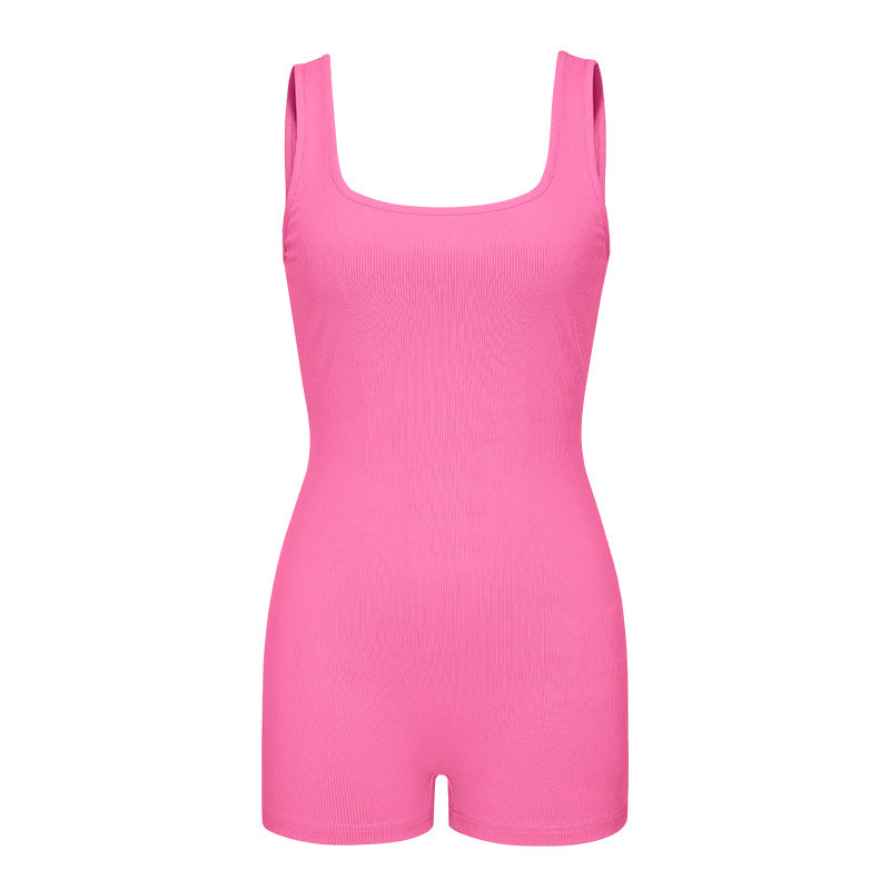 Women Spring Clothing Solid Color Sexy Backless Halter Short Sports Jumpsuit Pink