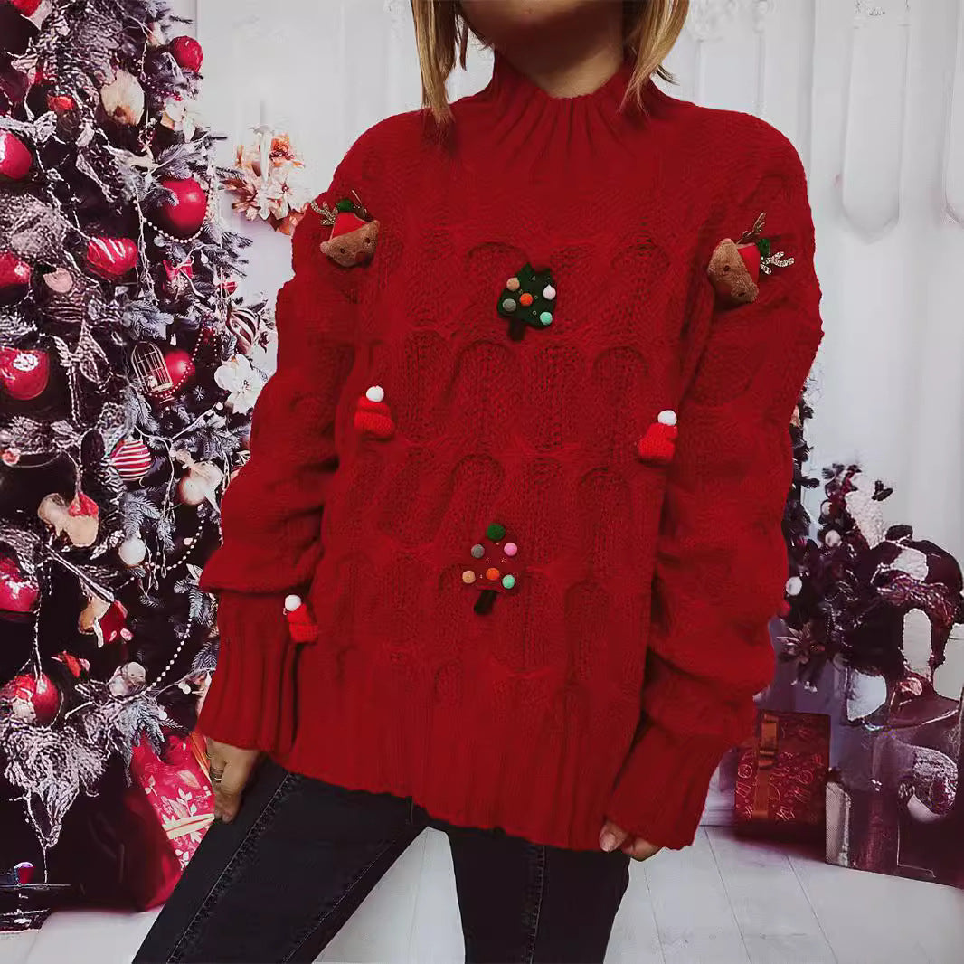 Autumn Winter Christmas Sweater Handmade Finish Christmas Tree Elk Sweater Pullover Women Red